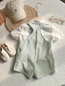 SHEIN 新生儿男女宝宝可爱条纹连体衣，适合春夏室内、室外、日常、运动、玩耍、派对、拍照、度假等各种场合。 - 綠色 - 查看 2