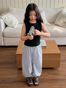 DAZY 两件套女童纯色圆领无袖上衣和格子裤套装，秋季服装 - 黑色 - 查看 1