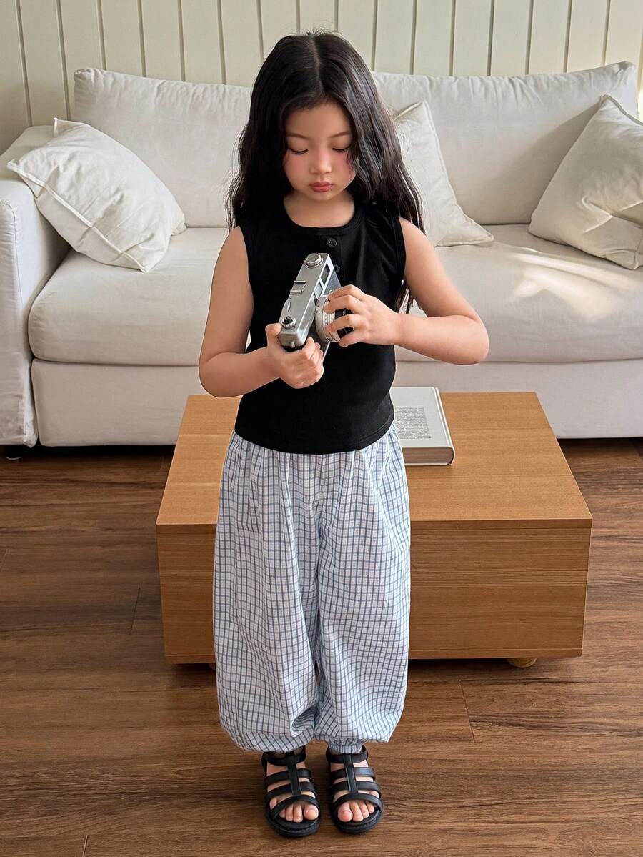 DAZY 两件套女童纯色圆领无袖上衣和格子裤套装，秋季服装 - 黑色 - 查看 1