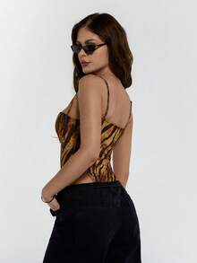 SHEIN ICON 夏季女士西部波西米亚嬉皮哥特风外出科切拉音乐会俱乐部动物纹性感时尚街头别致虎纹高开衩连体衣，夏季 - 彩色 - 查看 2