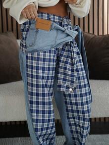 SAYEHFBABY Women's High Waist Side Knot Plaid Wide Leg Loose Casual Jeans - Black - View 3