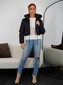 SAYEHFBABY Sexy Zip Up Drawstring Crop Padded Coat In Fall/Winter - Black - View 6