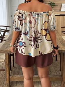 Weeklong Plus Size Off-The-Shoulder Dopamine Two Pieces Set,Large Floral Print Short Sleeve Beige Top & Brown Shorts,Boho Summer Vacation Holiday Casual Wear - Multicolor - View 2