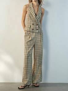 Maija 女士春夏休闲、办公、通勤格纹印花翻领露背吊带背心和西装裤套装 - 彩色 - 查看 5