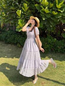 DAZY Women's High-Density Cotton Blend Purple & Blue Contrast Lace Waist Dress, French Design Elegant Long Dress - Mauve Purple - View 3