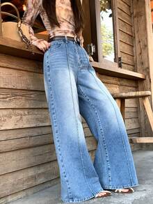 DAZY Women's Casual Fashion Street Style Daily Commute Korean Girly Versatile Washed Loose Wide-Leg Jeans - Blue - View 2