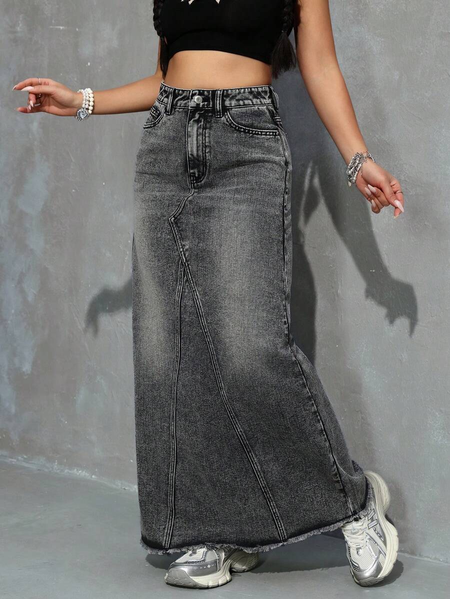 SHEIN Jeanoir Falda midi de mezclilla casual/de trabajo de cintura alta con bolsillos para mujer - Gris - Ver 1