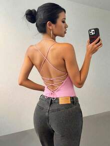 SHEIN Essnce 纯色吊带露背无袖休闲系带连体衣，夏季 - 粉色 - 查看 6