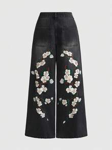 ROMWE Grunge Punk Casual Washed Floral Embroidered Wide-Leg Jeans - Black - View 1