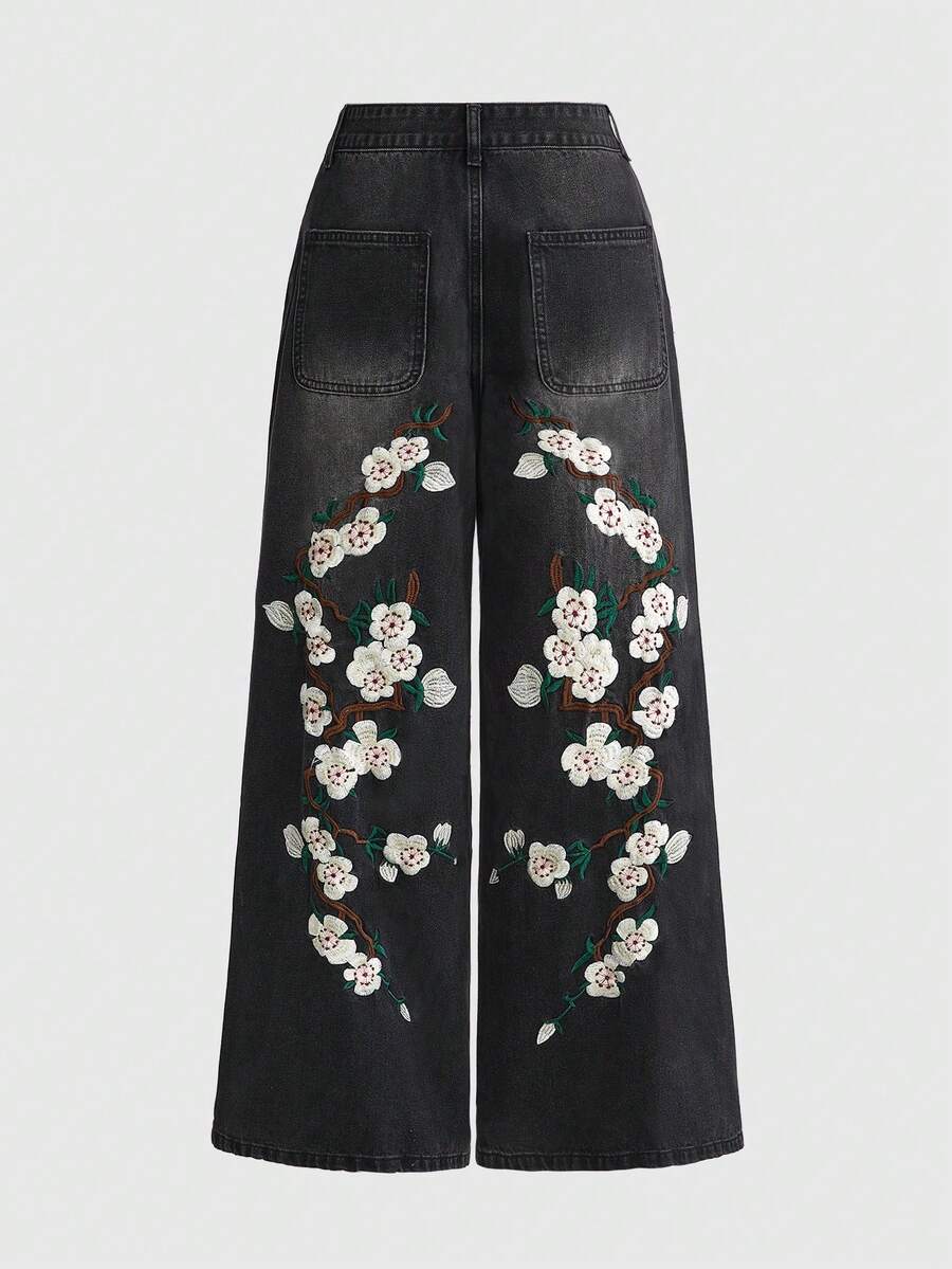 ROMWE Grunge Punk Casual Washed Floral Embroidered Wide-Leg Jeans - Black - View 1
