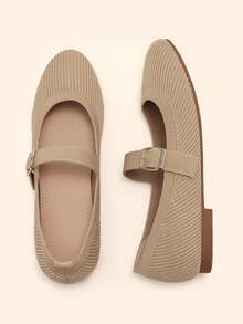 CUCCOO BASICS Women's Round Toe Flat Apricot Knit One-Strap Buckle Comfortable Breathable Casual Commute Versatile Mary Jane Flat Shoes - Apricot - View 3