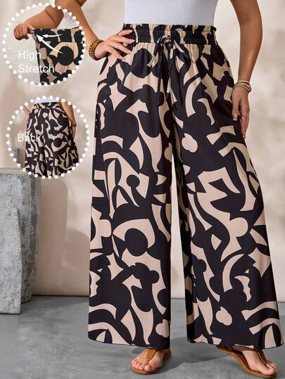 EMERY ROSE Pantalones anchos de talla grande para mujer con estampado geométrico, cintura elástica y pierna ancha