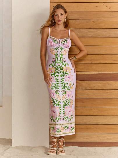 CAJUNI Women's Floral Print Tie-Up Design Casual Vacation Dress