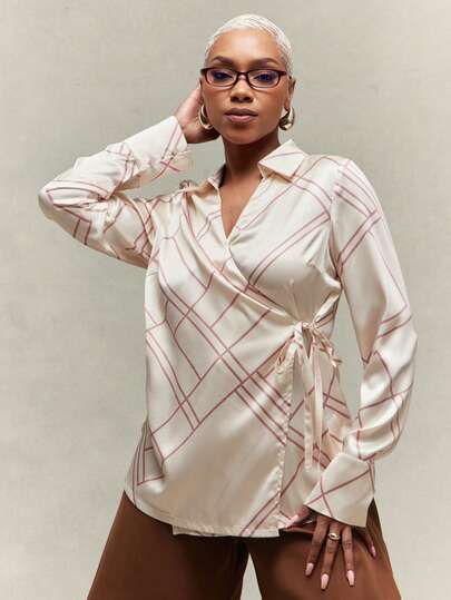 Vixey 女士撞色重叠系带设计休闲百搭通勤长袖衬衫