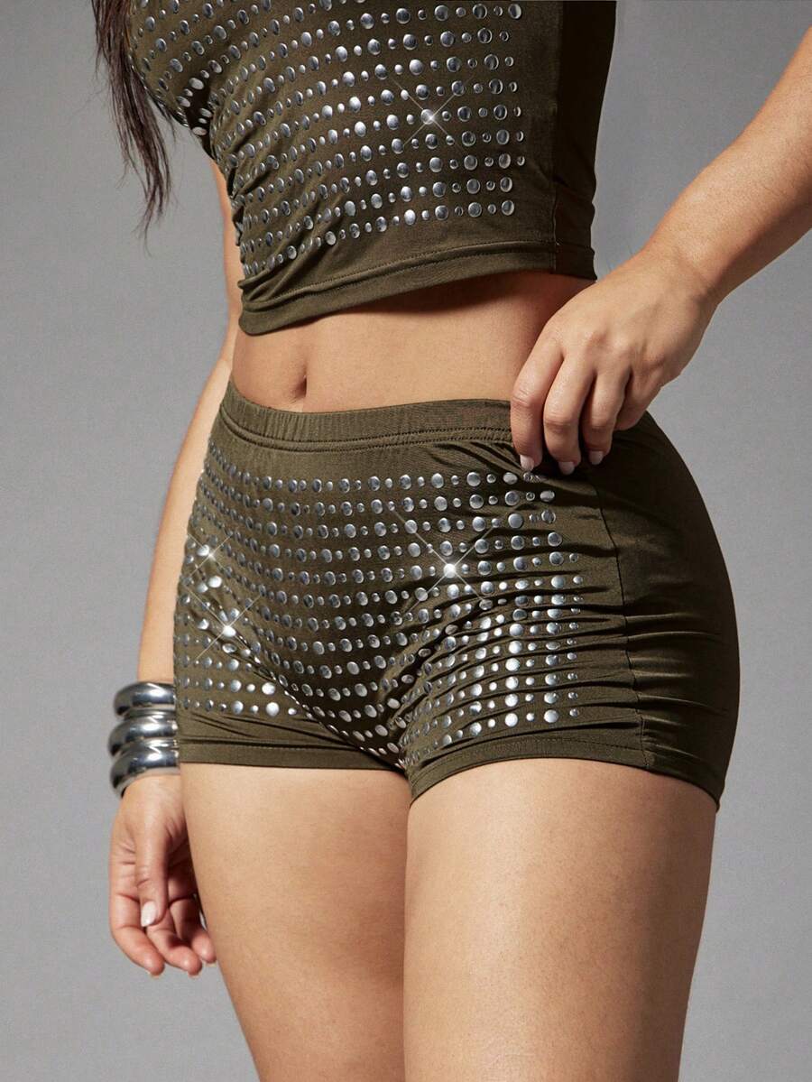 Denimoi Quần short đính đá, trang phục It Girl, quần short gợi cảm, trang phục đi xem hòa nhạc, quần short quyến rũ, trang phục đi nghỉ mát. - màu nâu - Xem 1