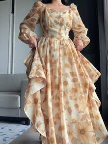 Dazy Plus 大码女式碎花甜心领灯笼袖优雅连衣裙 - 黃色 - 查看 1