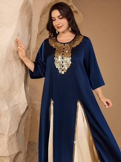 Al Najma 藏蓝色缎面优雅淑女风花卉饰边拼接宽松长款连衣裙，传统土耳其/阿拉伯风格长袖罩袍，适合大码女性