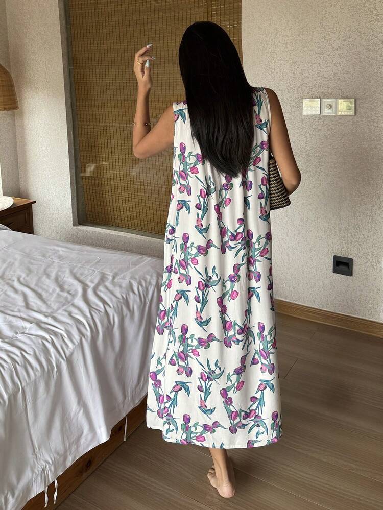 Women's Elegant Tulip Floral All-Over Print Sleeveless Loose Mid-Length Nightgown, Summer