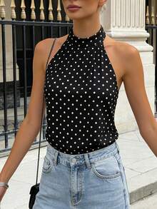 Pariaura Áo hai dây cổ yếm chấm bi đen trắng dáng ngắn, không tay, kiểu dáng công sở tối giản, đi nghỉ mát, hàng mới về năm 2026 dành cho nữ, có chi tiết nơ buộc. - Đen và trắng - Xem 2