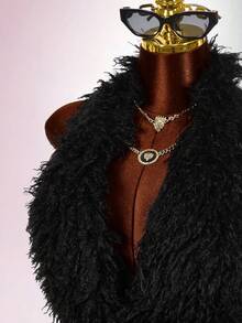 Amplova Wine Red Fluffy Halter Neck Sexy Bodysuit For Party - Black - View 4