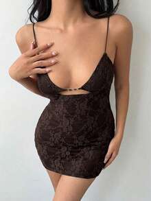 Aloruh Elegant Solid Color Cut Out Front Sexy Cami Dress, Casual & Party Wear - Coffee - View 5