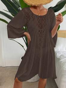 Swim Vcay 女士波西米亚风休闲度假沙滩派对镂空喇叭袖钩针编织罩衫连衣裙，春夏款 - 棕色 - 查看 6
