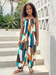 少女休闲夏季度假风宽松热带植物印花吊带连体裤夏季灯笼裤夏威夷风连体裤 - 彩色 - 查看 5