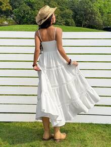 SHEIN EZwear Music Festival White Dress White Woven Spaghetti Strap Vacation Dress - White - View 3
