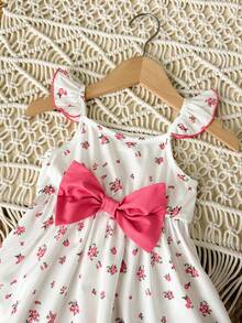 Babygirl Summer Cute Floral Print Cap Sleeve Bow Tie Dress - Pink - View 6