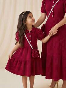 Girls' Retro Sweet Vertical Striped Dress, Collar Pearl Button Waist Pleated Skirt (With Lace Chain Pearl Small Bag) - Burgundy - View 4