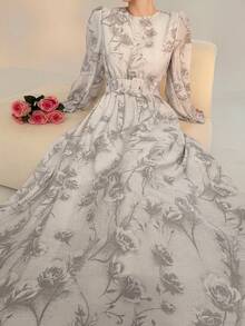 DAZY Vestido elegante de mujer con estampado floral, cuello redondo y mangas acampanadas - Gris - Ver 6