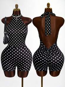 Mistrie 女士波点印花紧身吊带连体衣 可爱连体衣 女士波点连体衣 女士连体裤 性感女士连体衣 - 黑與白 - 查看 1