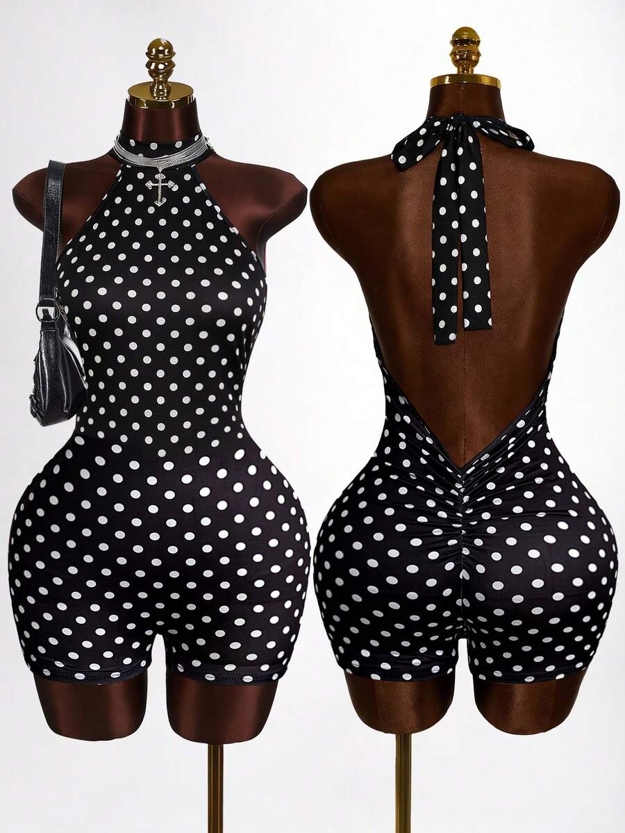 Mistrie 女士波点印花紧身吊带连体衣 可爱连体衣 女士波点连体衣 女士连体裤 性感女士连体衣 - 黑與白 - 查看 1