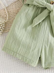 SHEIN Spring/Summer New Girls Young Casual Vacation Pure Cotton Cute Ruffled Strap Cinching Waist Bow Button Jumpsuit - Olive Green - View 7