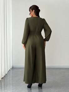 Elenzga 大码女式新款蕾丝拼接V领休闲宽松连体裤，长袖优雅连体裤，适合春夏穿着，松紧腰带 - 綠色 - 查看 2