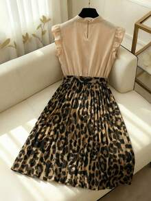 SHEIN Franclia Women's Summer Leopard Print Patchwork Ruched Waist Dress - Yellow - View 2