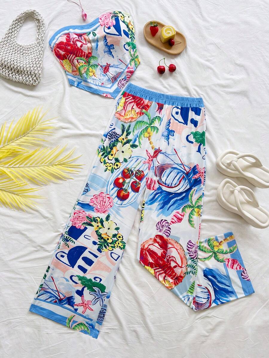 Soleia 2pcs Women Palm Tree Print Tube Top And Pants Set, Vacation Tropical Two Piece Set Beach Set For Women Tropical Vacation Woman Clothes Summer Pants Sets