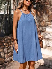 Breezaya Women's Loose Casual Halter Neck Denim Dress For Vacation - Light Wash - View 6