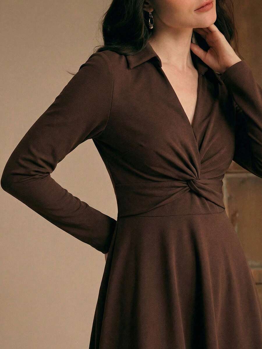 Anewsta French Elegant V-Neck Pleated Waist Midi Dress Windbreaker For Women - Chocolate Brown - View 1