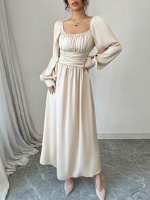 Modelyn 女士杏色梭织长袖褶裥A字优雅连衣裙，春夏款 - 杏色 - 查看 4