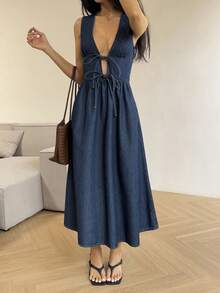 DAZY Đầm denim dài không tay cổ chữ V buộc dây kiểu dáng nghỉ mát dành cho nữ - Rửa tối - Xem 5