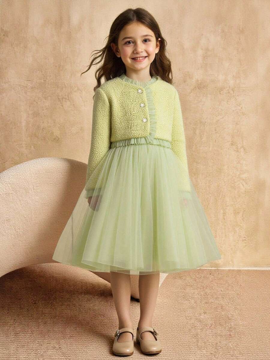 SHEIN Elladie kids 派对礼服，女童公主裙，草绿色香氛外套套装，网纱裙，长袖外套，生日派对，婚礼庆典，草绿色网纱裙，舞会礼服，优雅派对礼服 - 綠色 - 查看 1