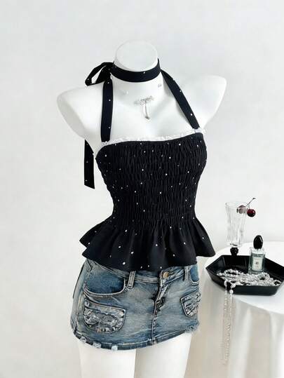 Sweetra 女士新年、万圣节、圣诞节、感恩节服装，新款时尚连衣裙，适合派对、通勤、日常、旅行、夏季上衣：波点、黑色、撞色、白色蕾丝荷叶边、系带装饰、修身、A字型、甜美、可爱、优雅蝴蝶结露背荷叶边系带吊带衫