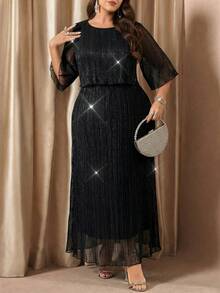 Reflora Plus Size Solid Color Round Neck Raglan Mid-Sleeve Elegant Minimalist Long Dress - Black - View 5
