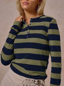 MUSERA Stripe Crew Neck Button Front Long Sleeve Fitted Top Winter Cool Streetwear Going Out Casual Everyday New Retro Spring Summer - Blue - View 2