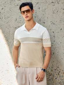 RONVEXI 男士撞色条纹图案短袖针织Polo衫夏季两件套 男士针织两件套 男士度假装 男士休闲短裤两件套 男士短款套装 - 杏色 - 查看 3