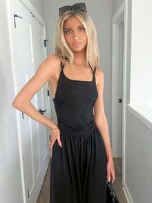 Sydney Algeri Mono recto suelto y plisado informal para mujer, con tirantes ajustables, apto para primavera/verano - Negro - Ver 6