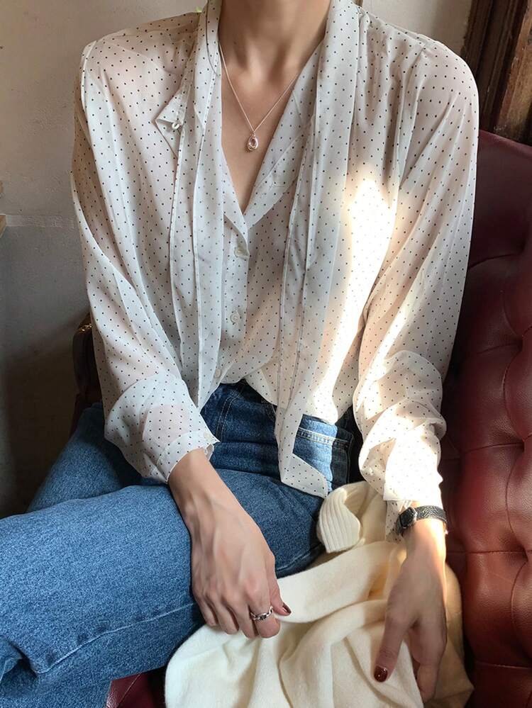 Women's Loose Fit Tie-Neck Colorblock Polka Dot Long Sleeve Blouse Summer