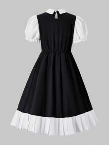 SHEIN This One-Piece Girl's Youth Dress Features A Fashionable And Elegant Style With A Small V-Neck, Puff Sleeves, A Fitted Waist, And A Wide A-Line. - Black and White - View 2