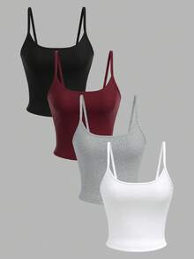 SHEIN PETITE 4件装女士紧身露脐休闲吊带背心，适合夏季返校季穿着 - 彩色 - 查看 3